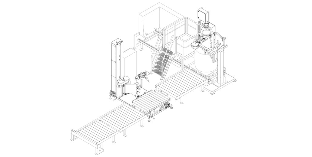 Big-Bag filling system with roller conveyors and automatic stretch winder